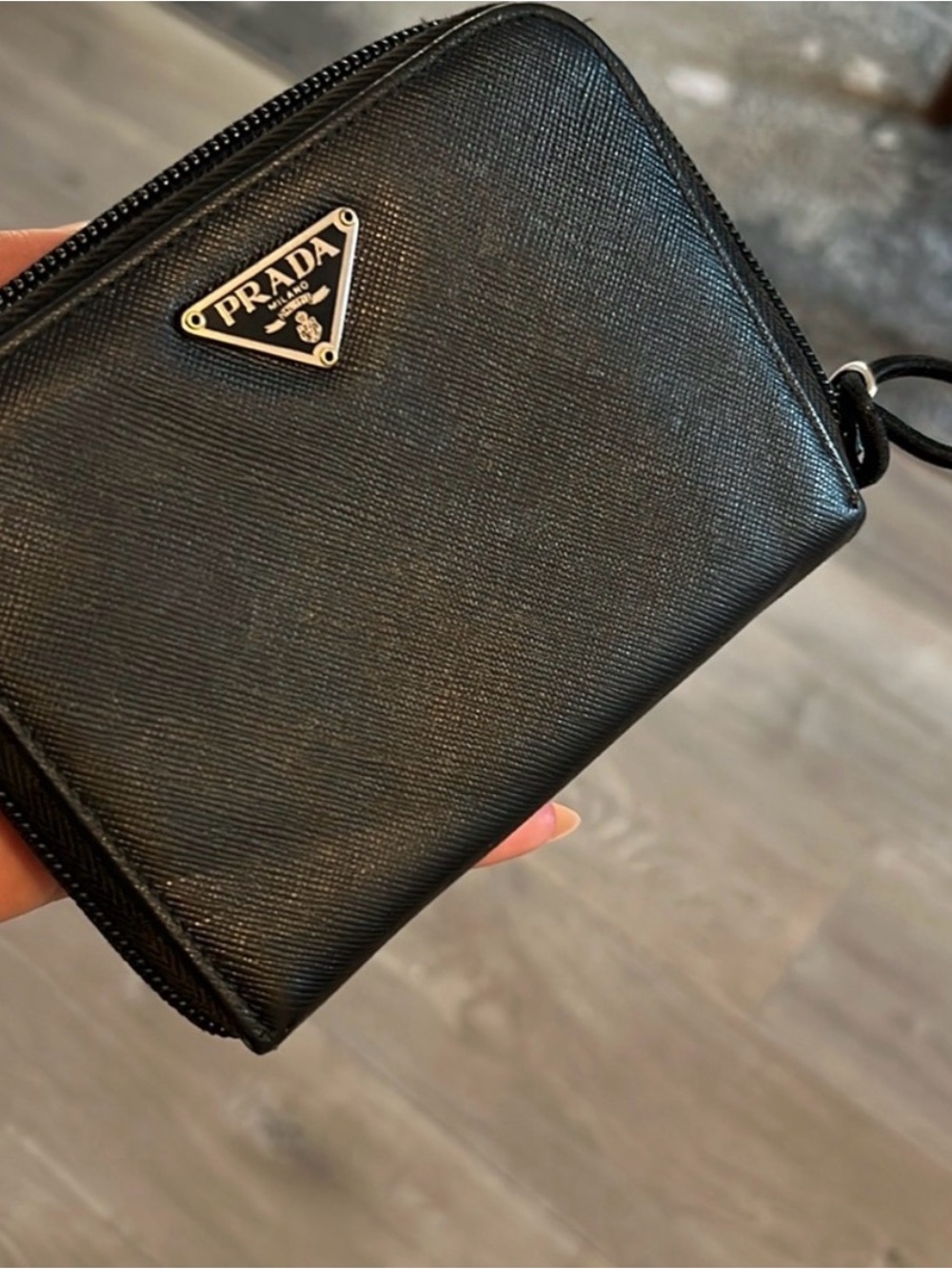 Prada Black Saffiano Zip Mini Wallet with Triangle Logo